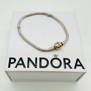 PANDORA 14K ALE 585 Gold Signature Clasp 925 Sterling Silver Bracelet 7.5"